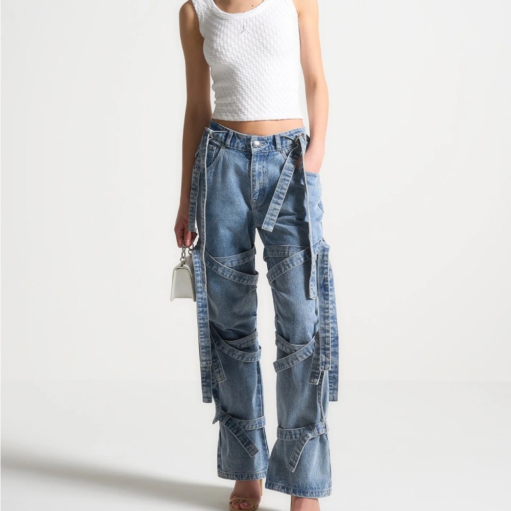 Maniere De Voir Denim Strap Cargo Jeans for Women Size 2